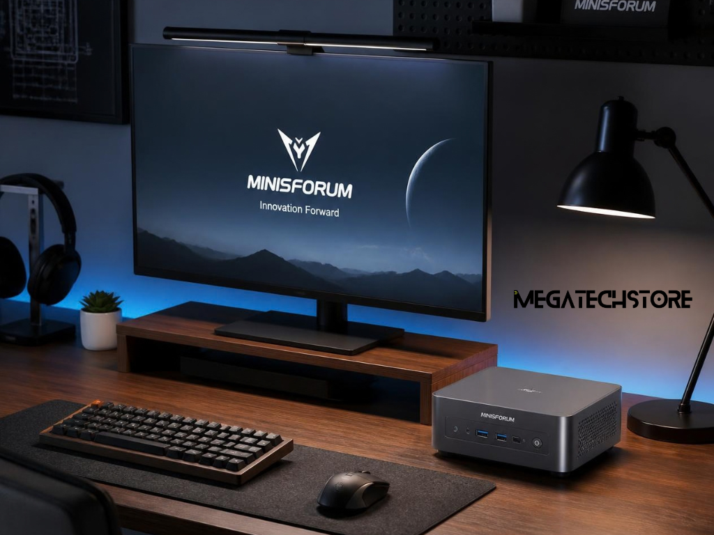 Compact mini PC gaming setup on a small desk