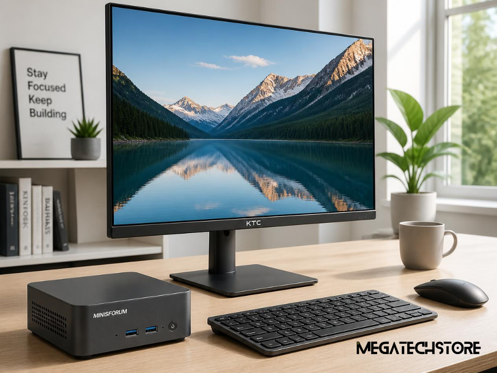Compact mini PC on a modern office desk beside a monitor, keyboard and mouse. minisforum pc, minisforum australia, minisforum, minisforum N5 Pro, Minix ER 939 AI Pro, mini pc parts, pre build pc