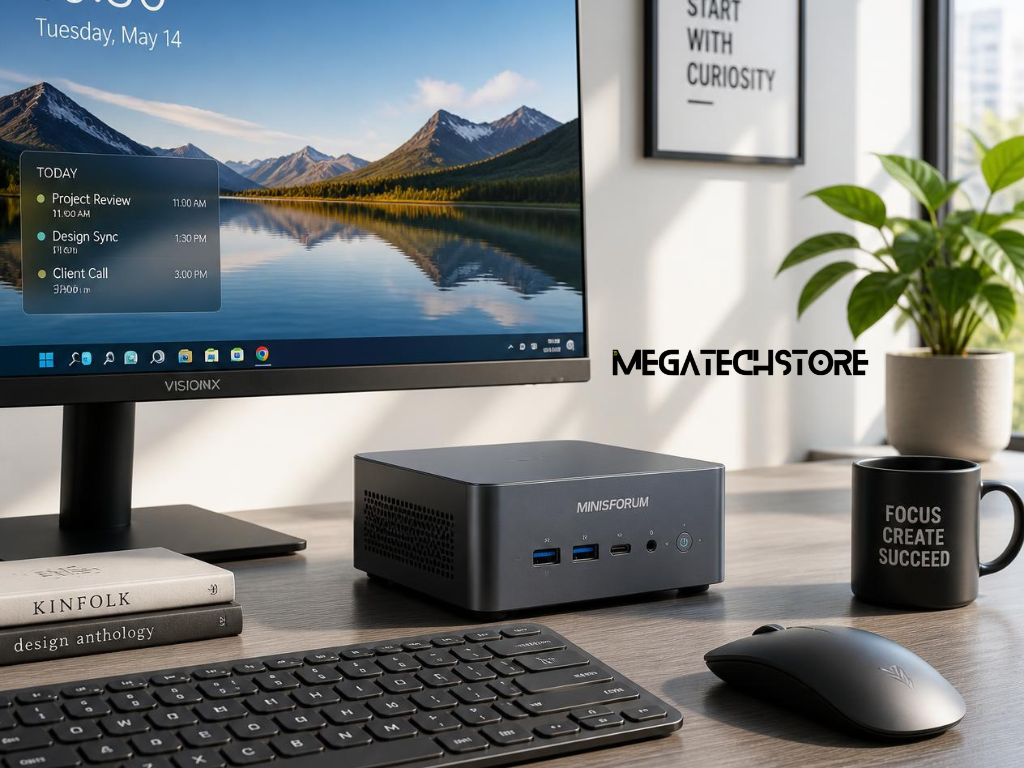 Compact mini PC computer with visible USB ports and external monitor connections. minisforum pc, minisforum australia, minisforum, minisforum N5 Pro, Minix ER 939 AI Pro, mini pc parts, pre build pc